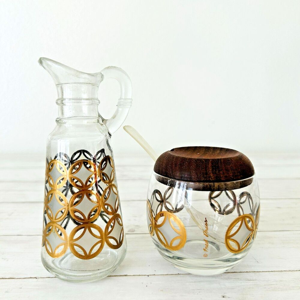 Fred Press MCM Creamer & Sugar Condiments Cruet Silver Gold Circles Signed - Picture 3 of 13